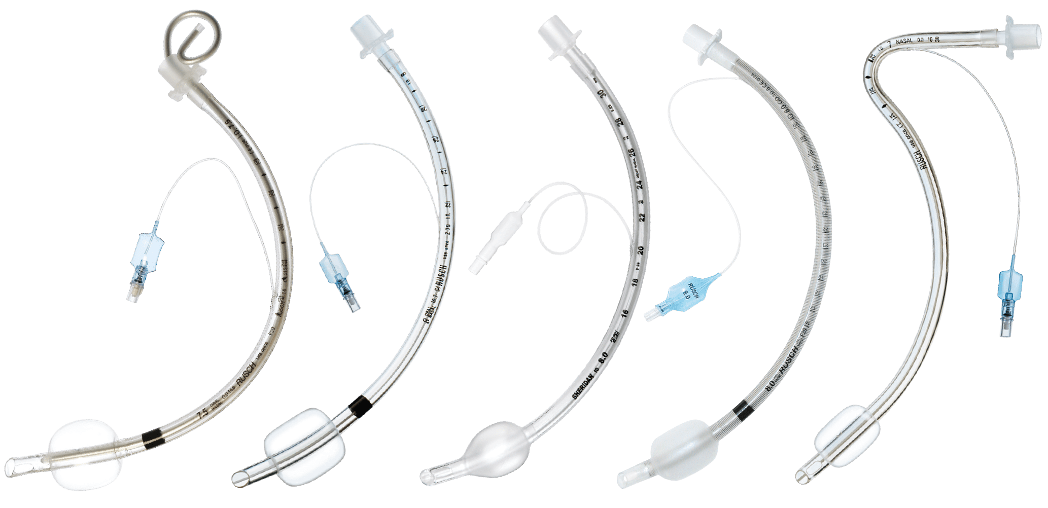 Five Rusch and Sheridan Endotracheal Tubes